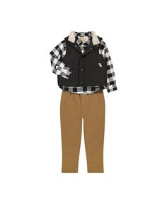 Комплект одежды из трех предметов для мальчиков-младенцев: жилет-пуховик, фланелевой топ с длинными рукавами и брюки с эластичным поясом BEARPAW, черный