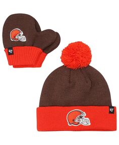 Коричневый, оранжевый цвет Cleveland Browns Bam Bam для мальчиков и девочек, вязаная шапка с манжетами, комплект с помпоном и варежками &apos;47 Brand, коричневый/оранжевый