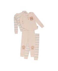 Пижамный комплект вафельного цвета из четырех предметов для девочек-младенцев: топ с длинными рукавами и штаны для бега, смешанного цвета BEARPAW, розовый