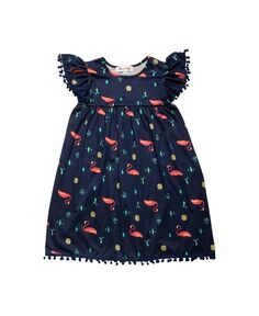 Платье с помпоном и принтом для маленьких девочек с развевающимися рукавами по всей поверхности Mixed Up Clothing, синий