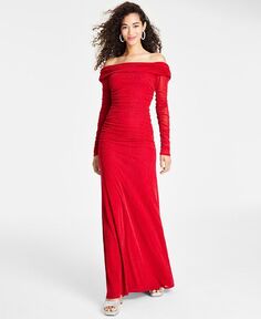 Платье с открытыми плечами и гофрированной отделкой цвета металлик B Darlin, красный