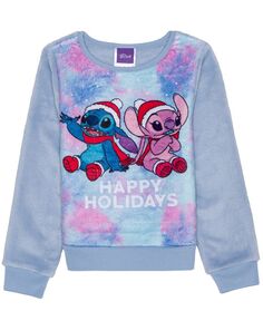 Плюшевый пуловер с длинными рукавами Little Girls Stitch Happy Holidays Disney, синий