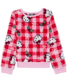 Рождественский клетчатый плюшевый пуловер с длинными рукавами для маленьких девочек Hello Kitty, розовый