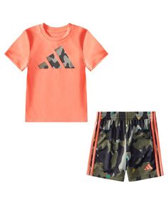 Рубашка с камуфляжным логотипом для маленьких мальчиков и шорты с принтом по всей поверхности, комплект из 2 предметов adidas, оранжевый