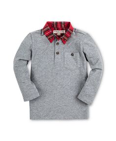 Рубашка-поло с длинными рукавами для маленьких мальчиков, тканым воротником и заплатками на локтях Hope &amp; Henry, серый