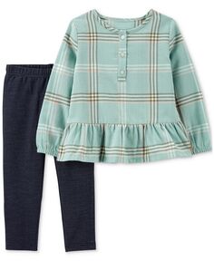 Рубашка в стиле беби-долл и трикотажные джинсовые леггинсы для маленьких девочек, комплект из 2 предметов Carter&apos;s, зеленый Carters