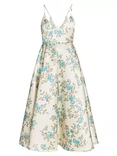 Атласное платье миди с цветочным принтом Lanai Emilia Wickstead, цвет large turquoise roses on ivory