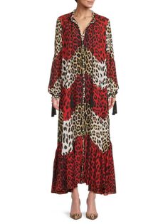 Шелковое платье макси с цветными блоками и животным принтом Roberto Cavalli, цвет Red Multi