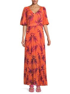 Платье макси с блузкой и рукавами и принтом листьев Kensie, оранжевый