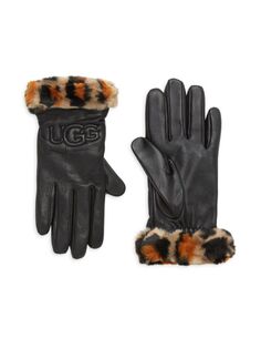 Перчатки с манжетами из кожи и искусственного меха с логотипом Ugg, цвет Black Leopard