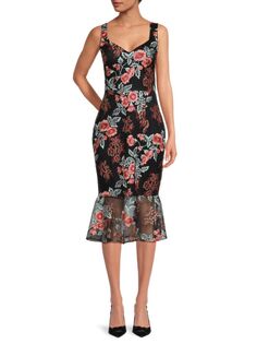 Кружевное платье миди с баской и цветочным принтом Guess, цвет Black Multi