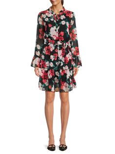 Мини-платье с цветочным принтом и рукавами-колокольчиками Calvin Klein, цвет Black Multi