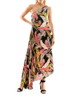 Плиссированное асимметричное платье макси с принтом листьев Nicole Miller, цвет Black Multi
