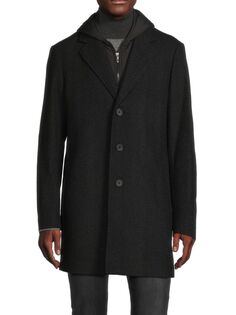 Верхнее пальто из смесовой шерсти со съемным нагрудником с капюшоном Saks Fifth Avenue, цвет Black Navy
