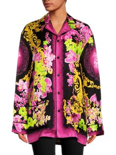 Шелковая ночная рубашка с принтом Baroque Versace, цвет Black Pink
