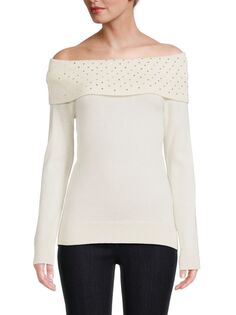 Кашемировый свитер с открытыми плечами и пайетками Sofia Cashmere, белый