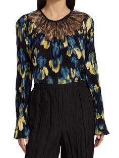 Плиссированная блузка с цветочным кружевом и вставкой Jason Wu Collection, цвет Black Yellow