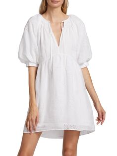 Мини-платье с пышными рукавами и люверсами Frame, цвет Blanc