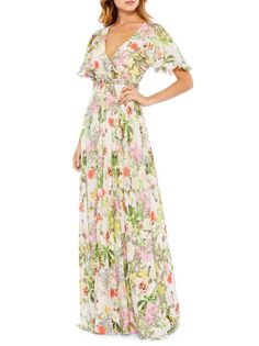 Платье с цветочным принтом и вырезом под горло Mac Duggal, цвет Floral Multi