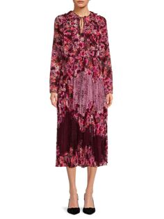 Платье с цветочными кружевными вставками Mikael Aghal, цвет Fuchsia Multi