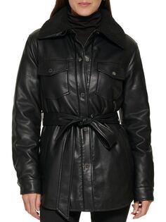 Куртка-рубашка с поясом из искусственной кожи и искусственной овчины Kenneth Cole, черный