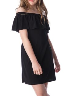 Мини-платье с открытыми плечами и рюшами для девочек Un Deux Trois, черный
