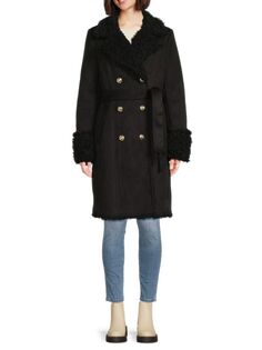 Пальто с поясом и отделкой из искусственного шерлинга Karl Lagerfeld Paris, черный