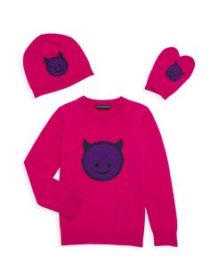 Комплект из трех предметов: свитер, шапка и варежки для маленькой девочки с изображением улыбающегося дьявола Sofia Cashmere, цвет Hot Pink