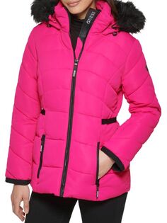 Пуховик с капюшоном и отделкой из искусственного меха Guess, цвет Hot Pink