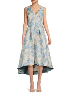 Жаккардовое плиссированное платье с высоким и низким вырезом и цветочным принтом металлик Eliza J, синий