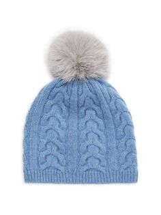 Кашемировая шапка косой вязки из искусственного меха с помпонами Saks Fifth Avenue, синий