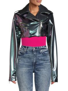 Укороченная байкерская куртка из искусственной кожи цвета металлик Laquan Smith, цвет Iridescent