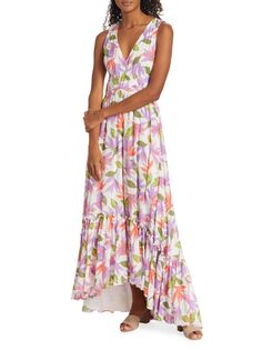 Платье с высоким и низким вырезом Miles с цветочным принтом и V-образным вырезом Ramy Brook, цвет Ivory Multicolor