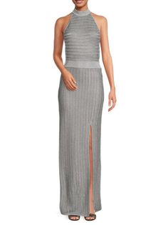 Платье-колонна с разрезом спереди и воротником-стойкой Hervé Léger, цвет Metallic Silver