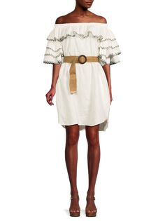 Льняное платье с открытыми плечами и поясом Ted Baker London, белый