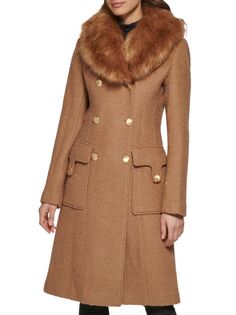 Двубортное пальто с отделкой из искусственного меха Guess, цвет Camel