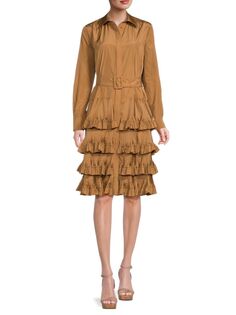 Многослойное платье-рубашка с рюшами Brandon Maxwell, цвет Camel
