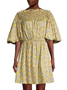 Мини-платье со сборками и объемными рукавами Rebecca Taylor, желтый