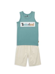 Комплект из двух предметов: футболка с рисунком мышц и шорты с логотипом для мальчика Timberland, зеленый