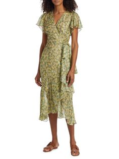 Платье Blaire с цветочной вуалью и запахом из смесового шелка Tanya Taylor, зеленый