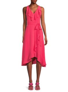 Асимметричное платье миди с поясом и рюшами Kensie, цвет Watermelon