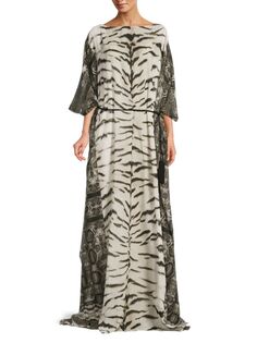 Шелковое платье макси с животным принтом Roberto Cavalli, цвет White Black