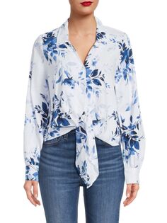 Рубашка с цветочным принтом и завязкой спереди Ellen Tracy, цвет White Blue Floral