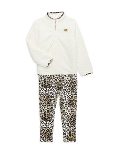 Комплект из двух частей: пуловер из искусственной овчины и леггинсы с леопардовым принтом для маленькой девочки Juicy Couture, цвет White Multi
