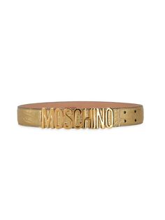 Ремень из телячьей кожи с тиснением под крокодила и логотипом Moschino, золото