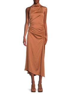 Атласное платье миди Inez со сборками A.L.C., цвет Cinnamon