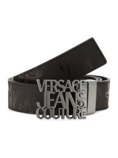 Двусторонний кожаный ремень с пряжкой с логотипом Versace, черный