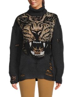 Рваный свитер с декором Tiger Roberto Cavalli, черный