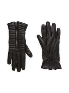 Стеганые кожаные перчатки на молнии Saks Fifth Avenue, черный
