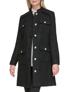Текстурированное твидовое пальто из смесовой шерсти с поясом Karl Lagerfeld Paris, черный